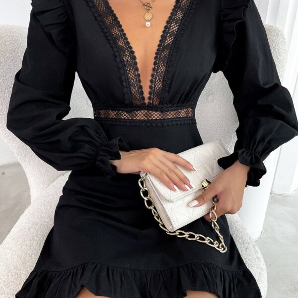 Plunging Neck Lace Ruffle Long Sleeve Mini Dress Black - Picture 12 of 12